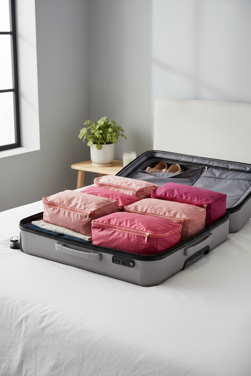 Bolsas compressíveis para viagem na cor rosa